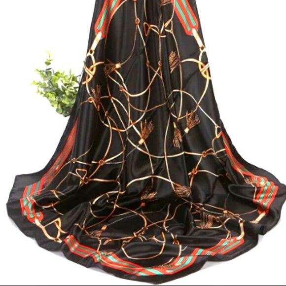 Black nautical LUXURY Square Scarf Imitation Silk Shawl wrap - Picture 1 of 3